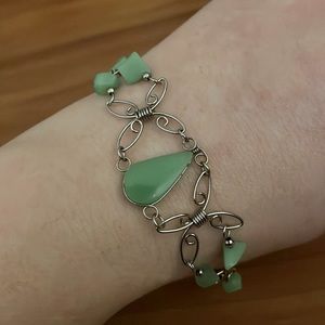 Handmade Wire Wrapped Butterfly Bracelet - Silver-tone Chain Green Glass Bead